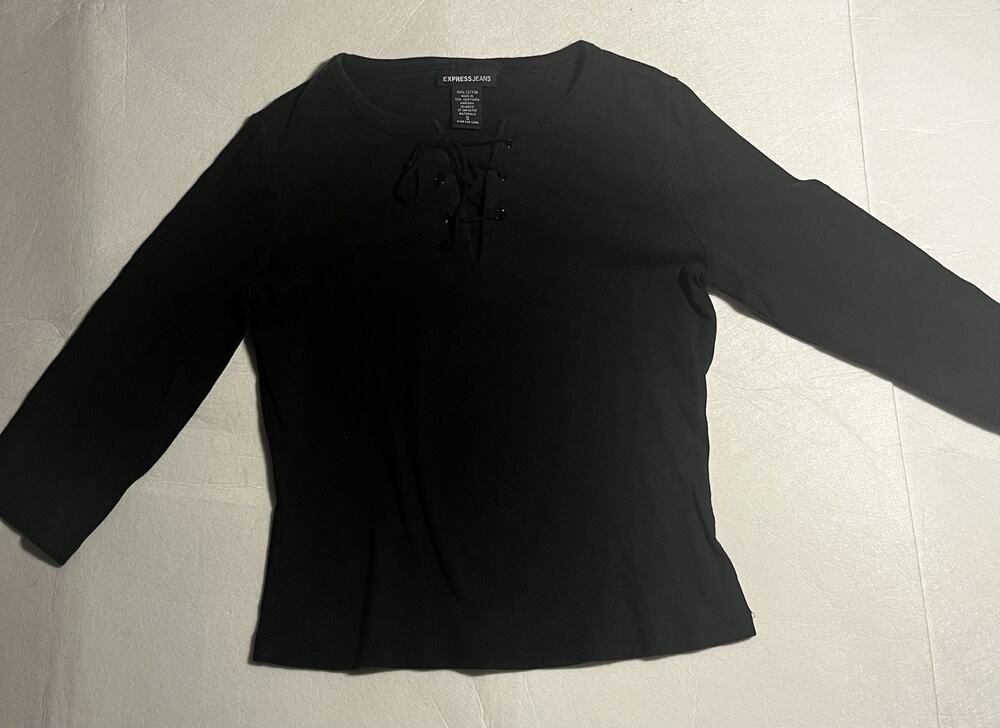 Express Jeans Womens Small Black Lace Up 3/4 Sleeve Top Y2K Goth Emo Shirt
